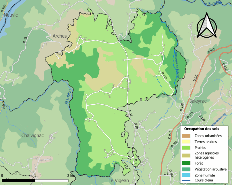 Sourniac - Carte des infrastructures et de l'occupation des sols de la commune en 2018 (CLC)