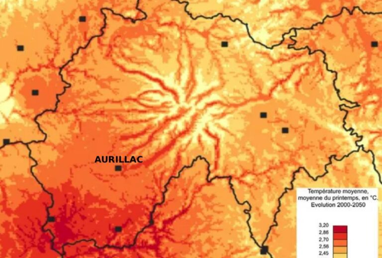 Elévation de la température moyenne au printemps dans le Cantal, entre 2000 et 2050. Sources : AP3C. © P. O.
